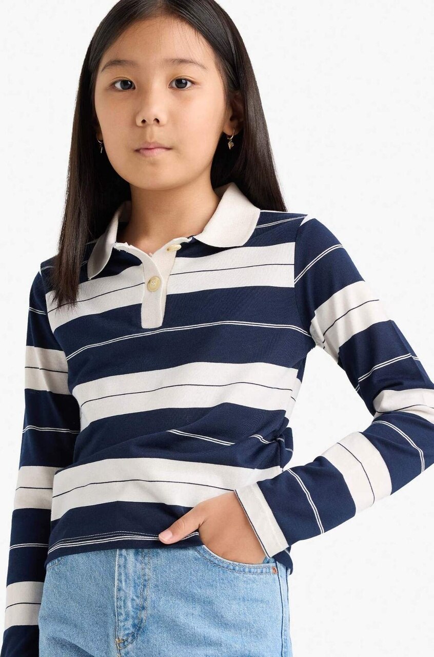 Defacto Kız Çocuk Fitted Polo Yaka Çizgili Uzun Kollu Tişört F2253a825aunv42 Lacivert