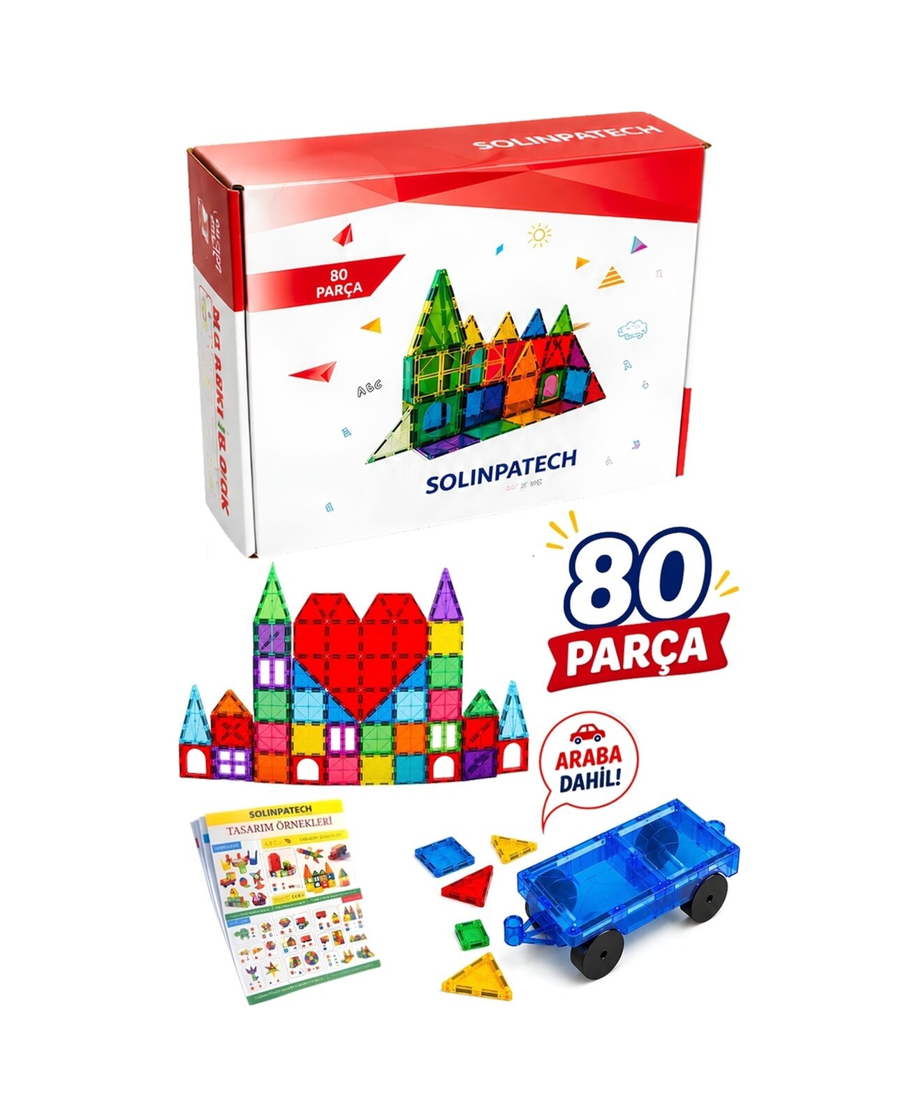 Arabalı 80 Parça 7.5cm Büyük Boy Manyetik Blok Seti | Güçlü Mıknatıslı Zeka Geliştirici Eğitici Oyuncak