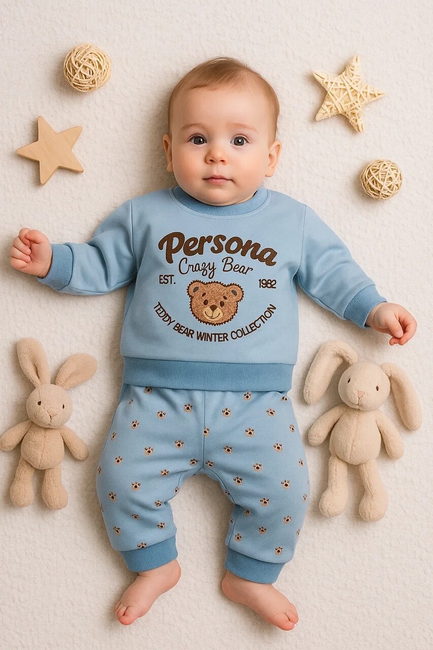 Veraura Lifestyle Persona Bear Nakışlı % 100 Pamuk 2'li Erkek Bebek Takım MAvi