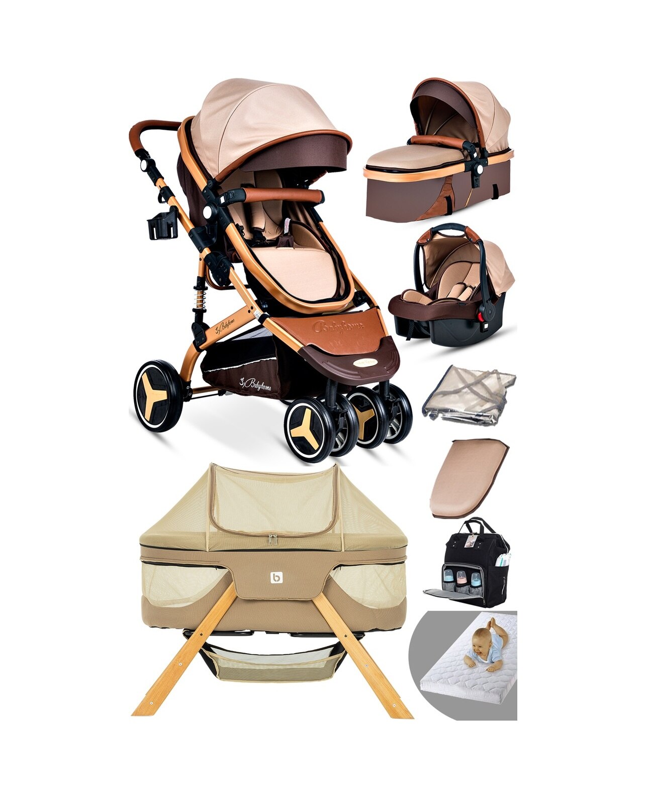 Baby Home Yeni Doğan 9 İn 1 Full Takım 945 Travel Sistem Bebek Arabası Angel Sepet Anne Yanı Beşik Altın - Kahverengi