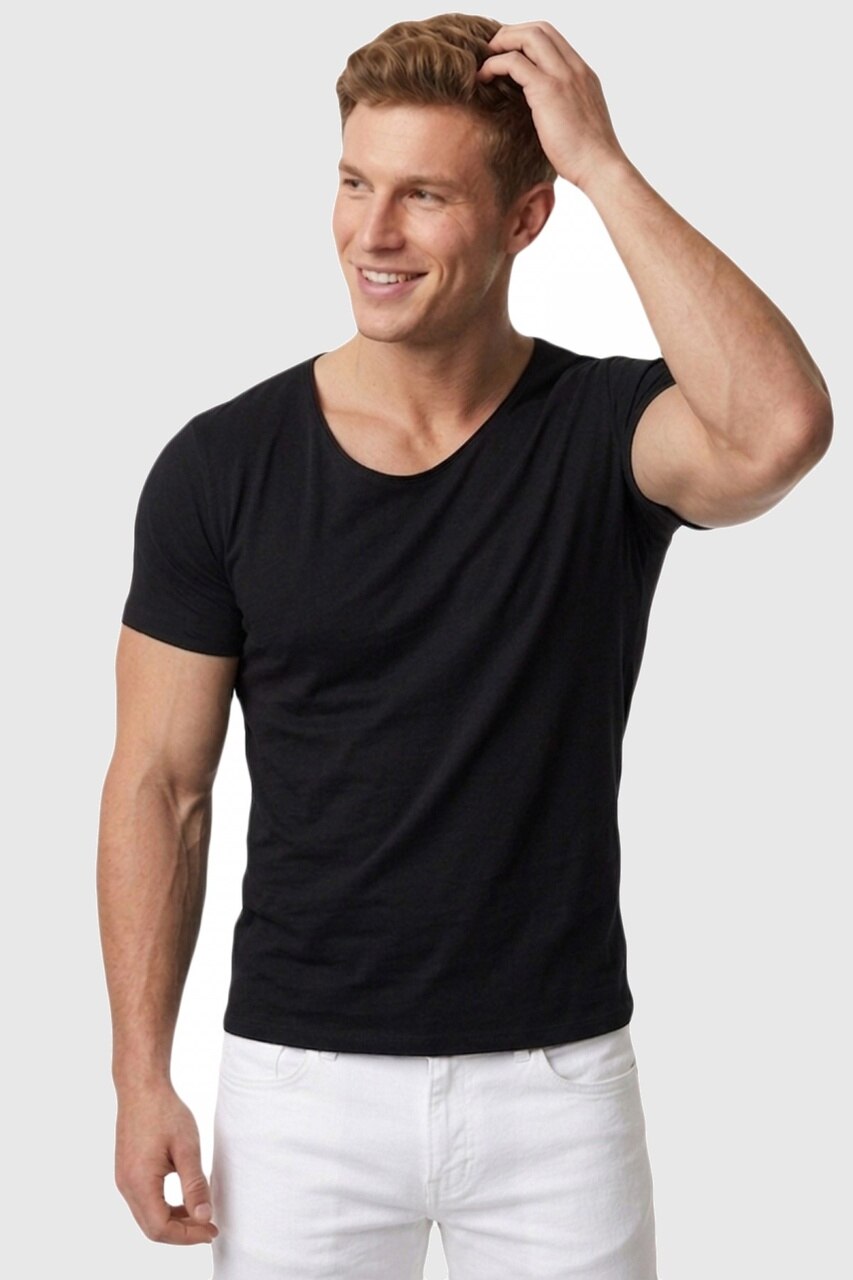 Deepsea Erkek Siyah Geniş Yaka Likralı Tişört Oval Yaka Slim Fit Eteği Oval Açık Yaka T-shirt 1801199 Siyah