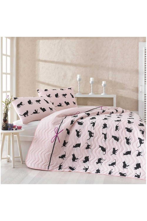 Kapitone Yatak Örtüsü Seti Çift Kişilik Cats Pudra
