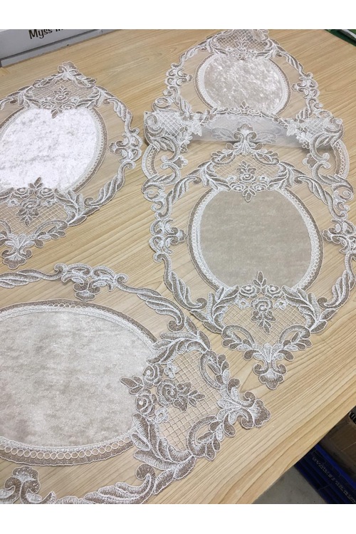 3 lü yatak odası kadife fransız dantelli capicino renk