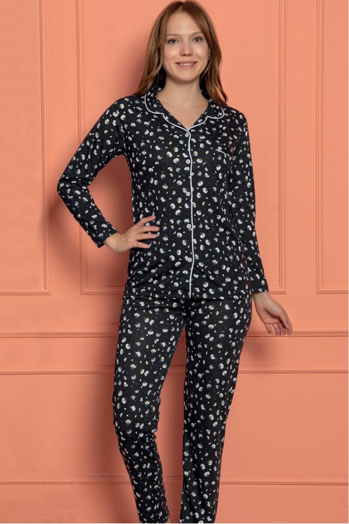 Kadın Pijama Takımı Gömlek Yaka Uzun Kol Takım Tampap 3224