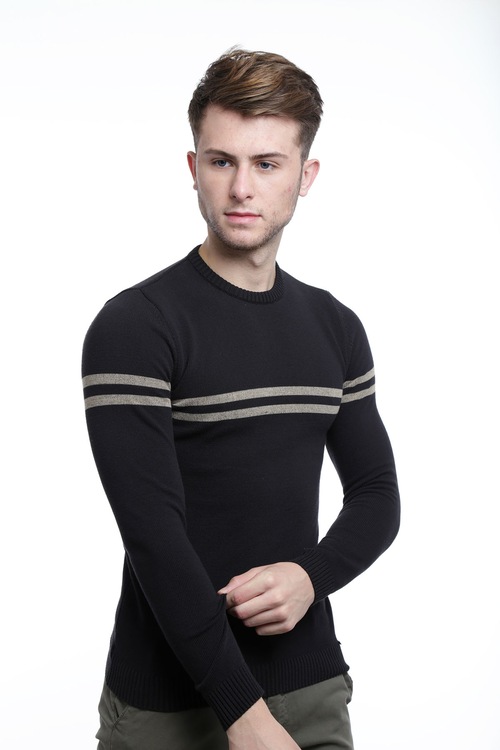 Liwali Siyah Bisiklet Yaka Regular Fit Erkek Triko Kazak