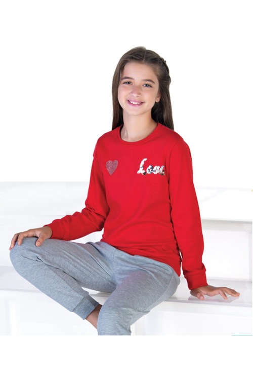 Elsima Kırmızı Love Baskılı Kız Çocuk Pijama Takımı