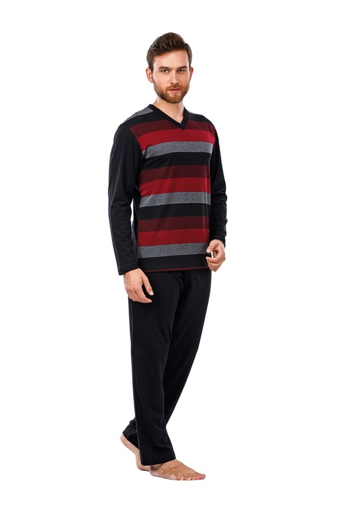 Güneş 5152 Çizgili V Yaka Yaka Uzun Kollu Erkek Pijama Takımı