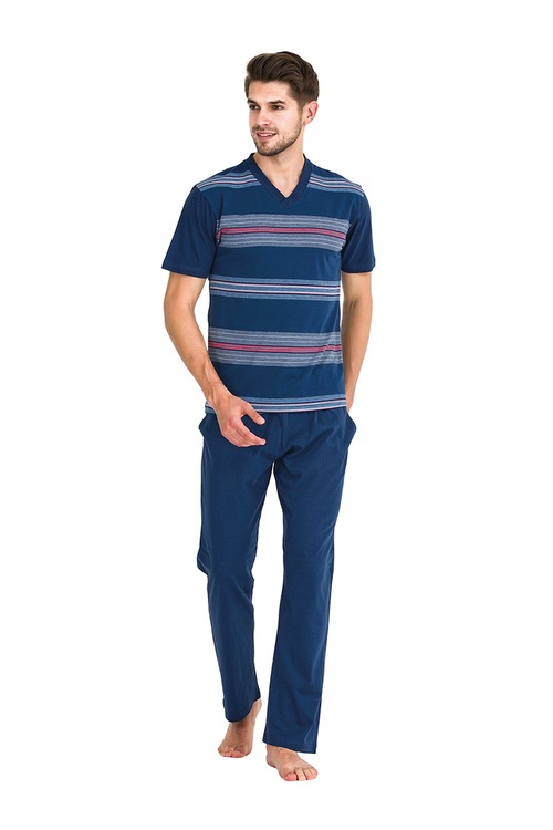 Güneş 5322 İndigo Çizgili V Yaka Kısa Kollu Erkek Pijama Takımı