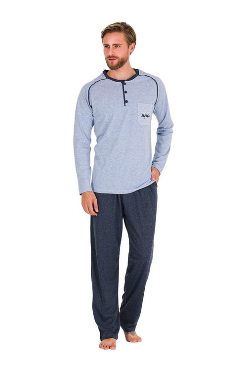Güneş 5433 Mavi Bisiklet Yaka Uzun Kollu Erkek Pijama Takımı
