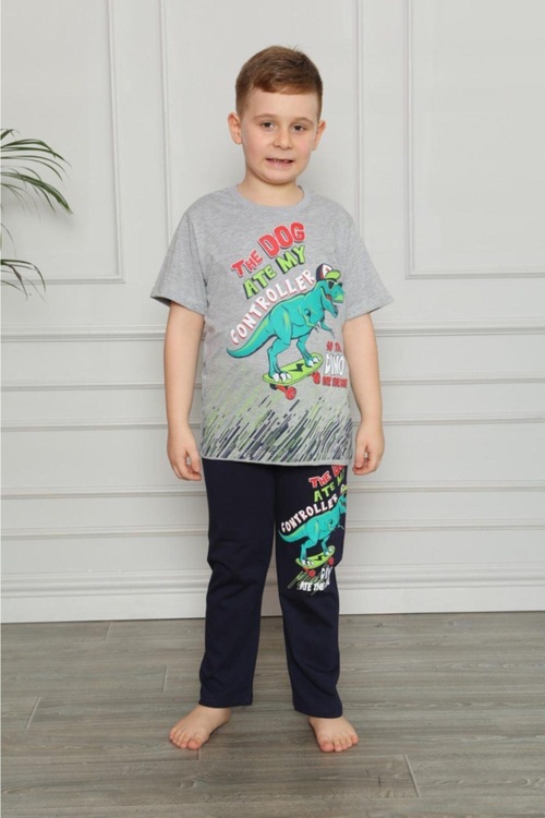 Erkek Çocuk Gri Dinozor Kısa Kollu Pijama Takımı