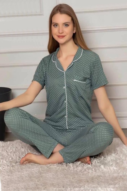 Kadın Pijama Takımı Kısa Kol Gömlek Yaka Puantiyeli Tampap DVK-82