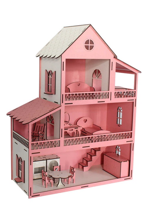 Ahşap Bebek Evi Pembe Prenses Barbie Ev 14 Parça Eşyalı