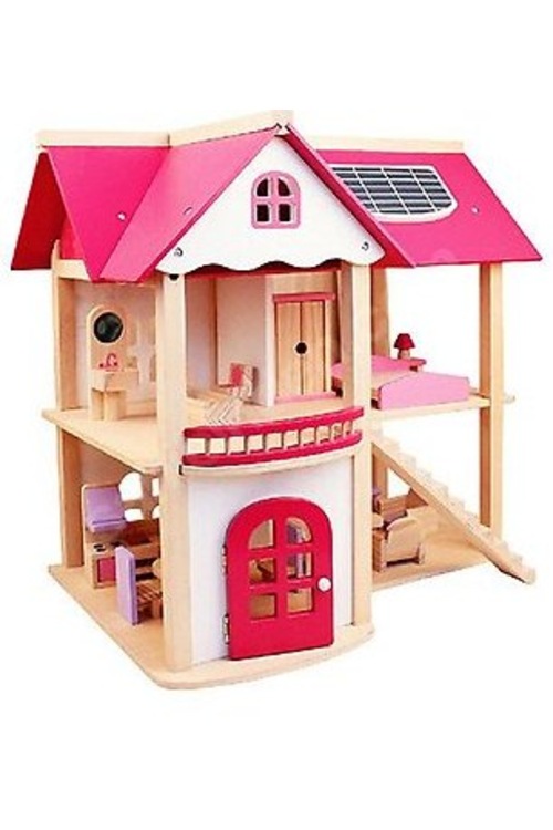 Mobilyalı Ahşap Oyuncak Pembe Bebek Oyun Evi Yeni Pink