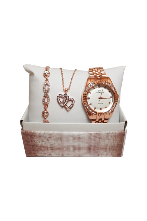 Rose Gold Sonsuzluk Bilekliği İçiçe Geçmiş Kalpli Kolye ve Taşlı
