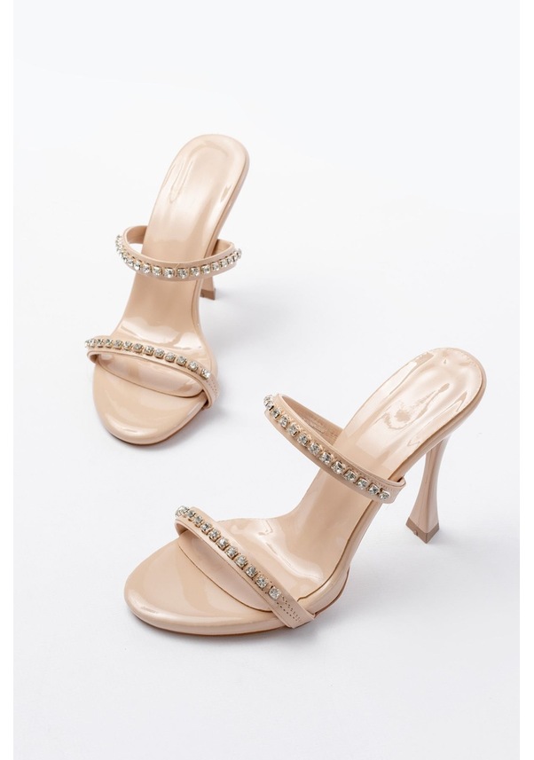 Resim A-50 Kadın Bej Rugan Taşlı Platformlu Topuklu Terlik Renksiz 