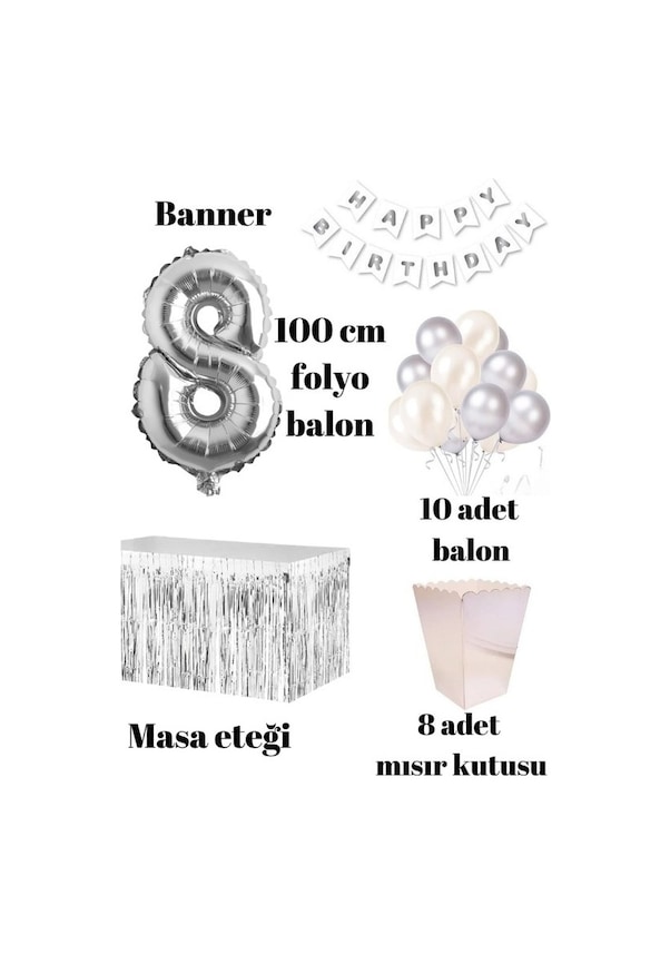 Resim 8 Yaş Beyaz Gümüş Balon Rakam Folyo Banner Mısır Kutusu Masa Et 