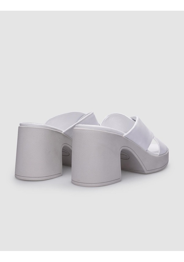 Resim %100 Hakiki Deri Beyaz Kadın Topuklu Terlik Beyaz 