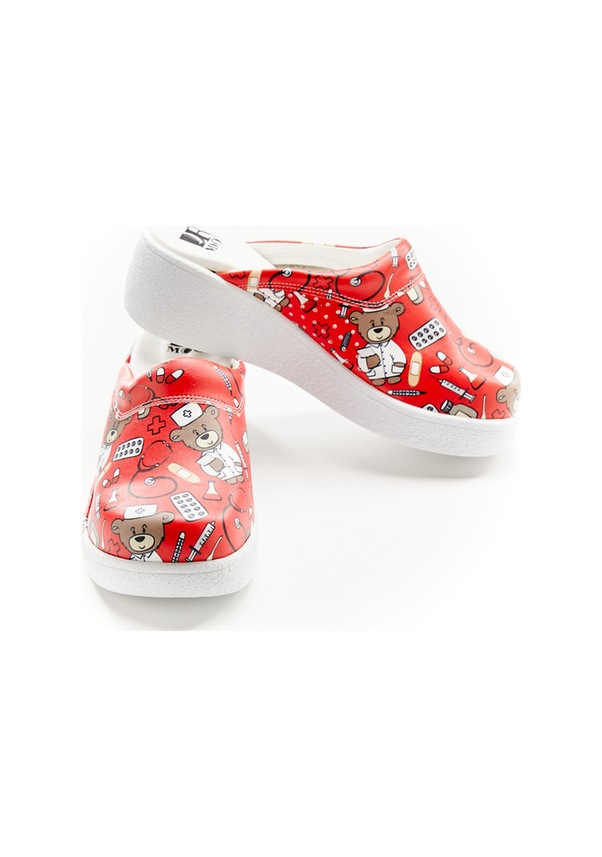 Resim Ayıcık Desenli Hakiki Deri Bayan Dolgu Taban Sabo Terlik Kırmızı 