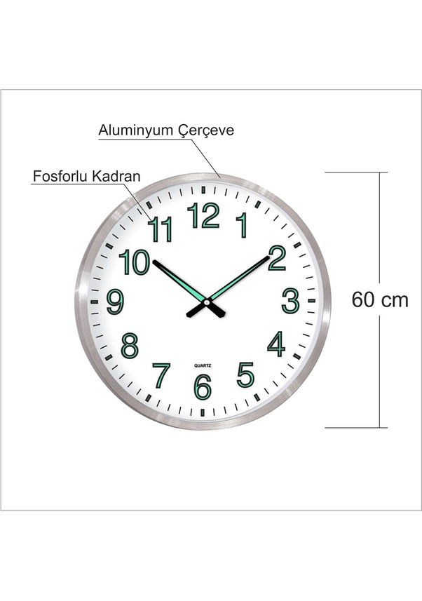 Büyük Dev 60 Cm Fosforlu Gece Görünen Parlayan Camlı Duvar Saati