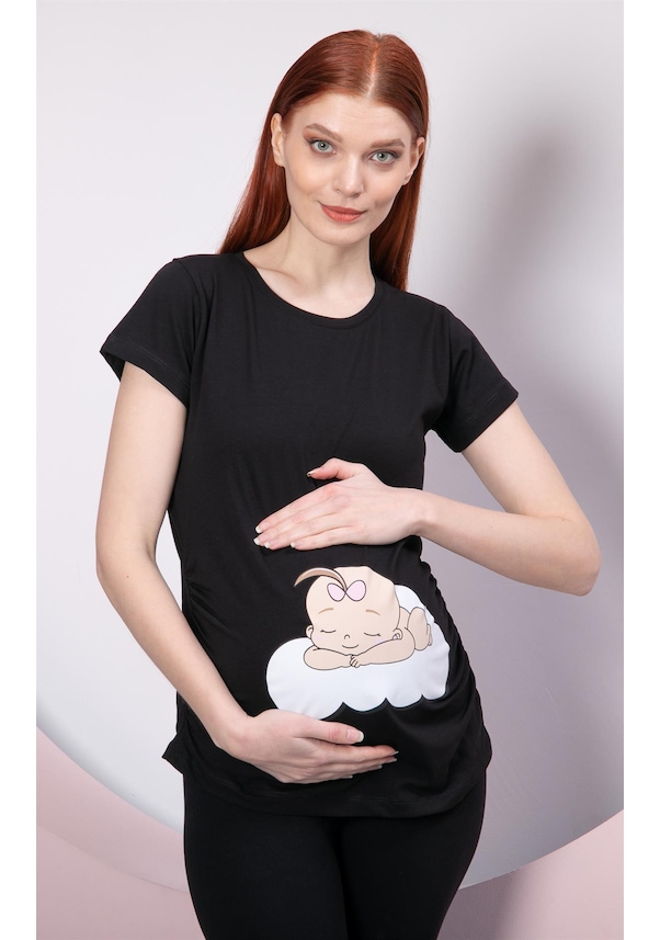 Gör&sin Uyuyan Kız Bebek Baskılı Hamile Siyah Tişört