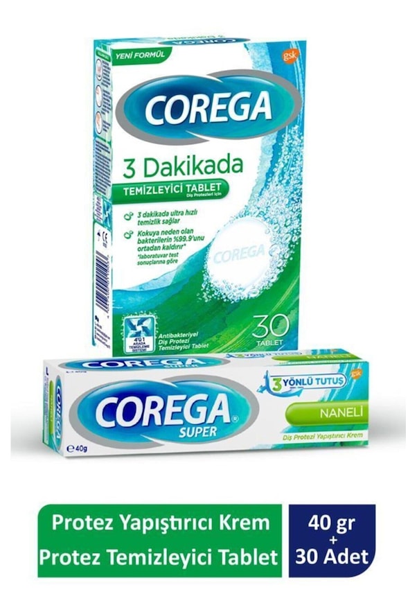 Corega Süper Protez Yapıştırıcı Krem 40 G + Corega Cleanser Bio Protez Temizleme Tableti 30'lu