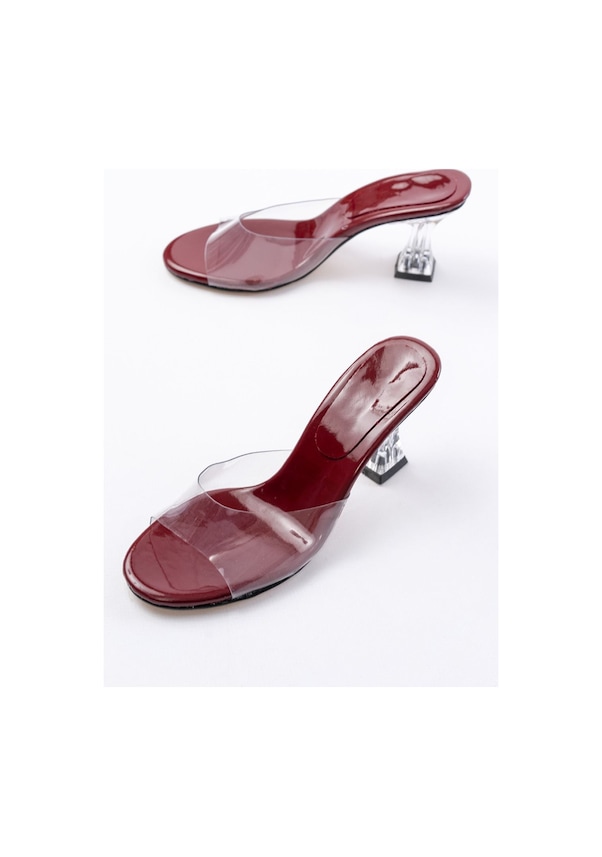 Resim S-619 Bordo Rugan Şeffaf Bantlı Şeffaf Topuklu Yuvarlak Burunlu Kadın Terlik Renksiz 