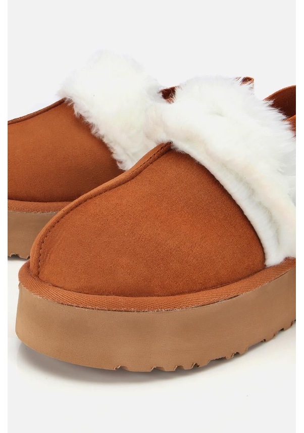 Resim Kadın Süet Taba İçi Kürklü Yüksek Tabanlı Terlik Taba 
