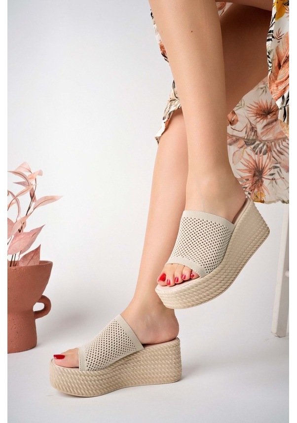 Resim Bulutmod Ba04467 Ten Kadın Delikli Triko Günlük Hasır Dolgu Topuklu Terlik Ten 