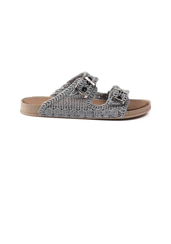 Resim Kadın Gri Hasır Terlik Örgü Dantel Nakış İşlemeli Triko Yazlık Tatil Ev Günlük Terlik Gri 