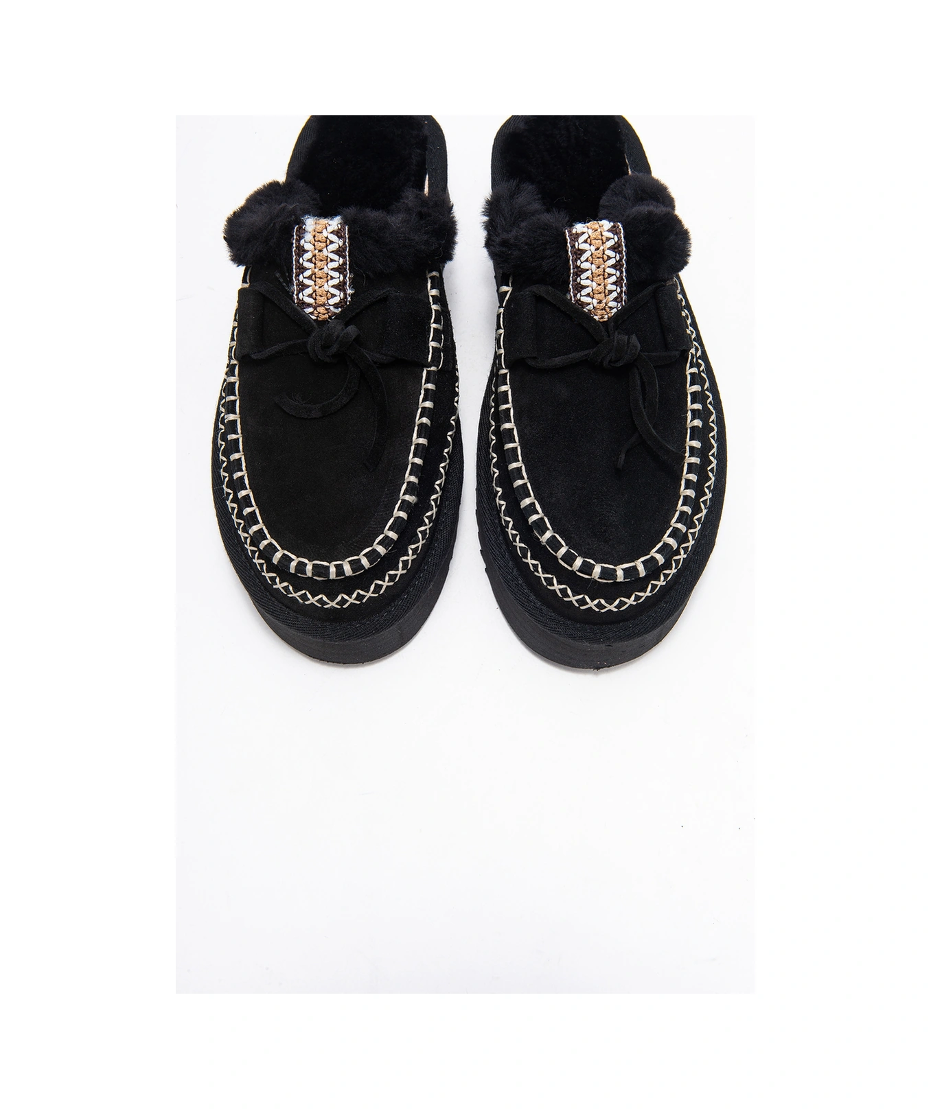 Resim Luvi Shoes Yalına Siyah Süet Hakiki Deri Dikişli Kürklü Kadın Platform Tabanlı Makosen Terlik Siyah 