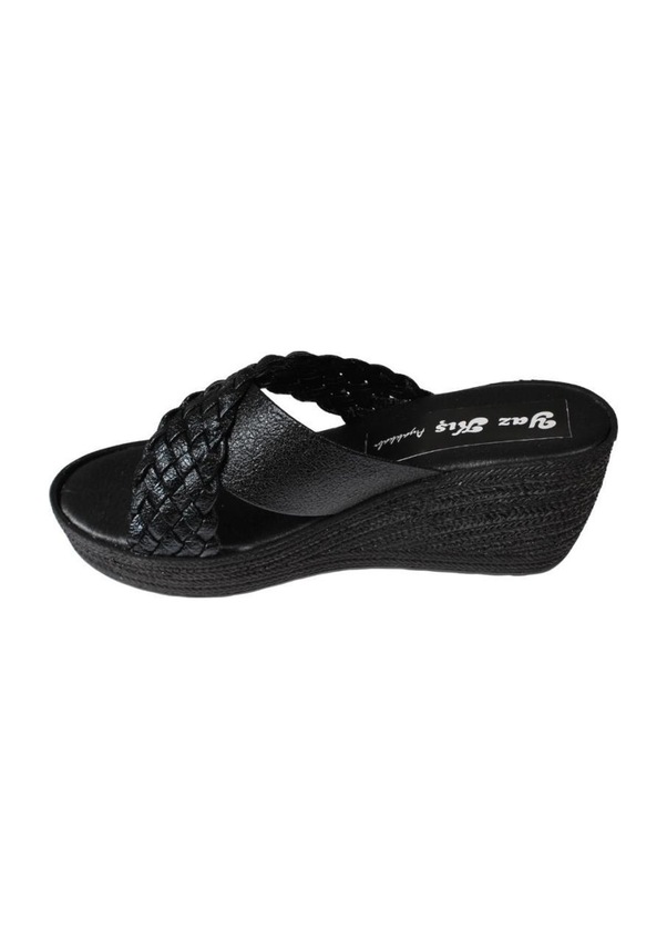 Resim Yazkış Kadın Siyah Çapraz Bantlı Örgü 7cm Dolgu Topuk Terlik Siyah 