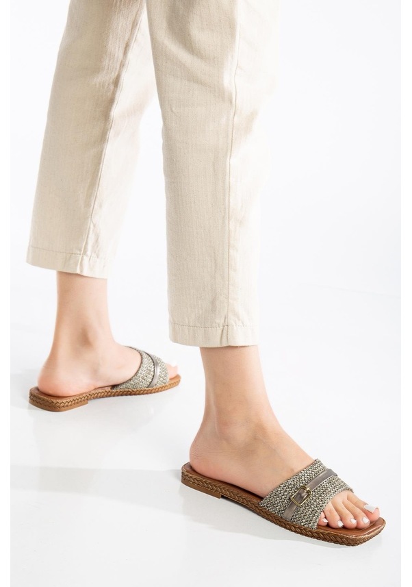 Resim Kadın Düz Topuk Terlik Vizon Hasır Kalın Tek Bant-3900 Vizon 