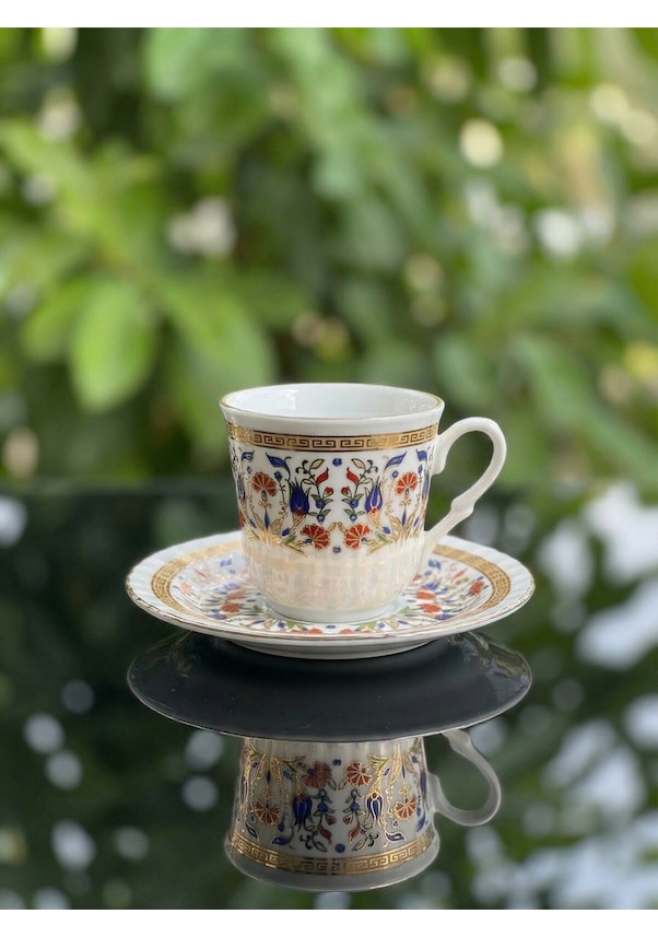 Resim 6 Kişilik Çini Desenli Altın Yaldızlı Porselen Çay Ve Kahve Fincanı Klasik Lüks Fincan Altın 