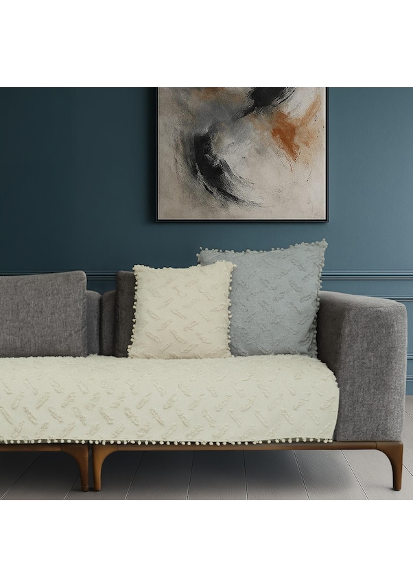 Resim Ponela Bohem Ponponlu Koltuk Örtüsü 90x200 Cm Sadece Oturma Alanı 1 Adet - Krem krem 