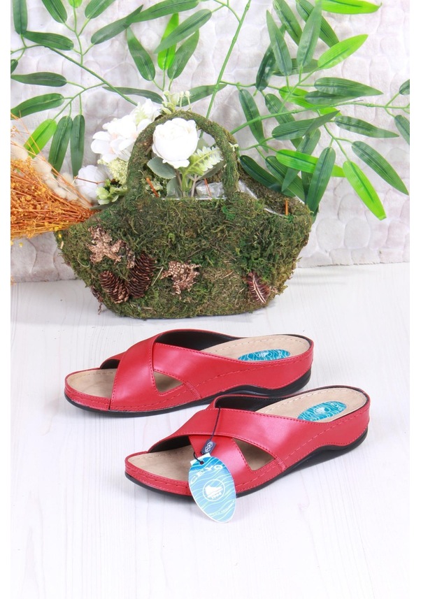 Resim Ceyo 9946-1 Bordo Rahat Topuk Dikeni Destekli Çapraz Bantlı Kadın Terlik Bordo 