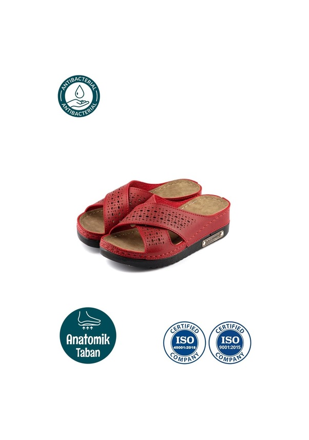 Resim Kadın Ortopedik Yumuşak Tabanlı Terletmeyen Çift Bantlı Hasır Tipi Delikli Rahat Anne Ev İçi Terliği Kırmızı 