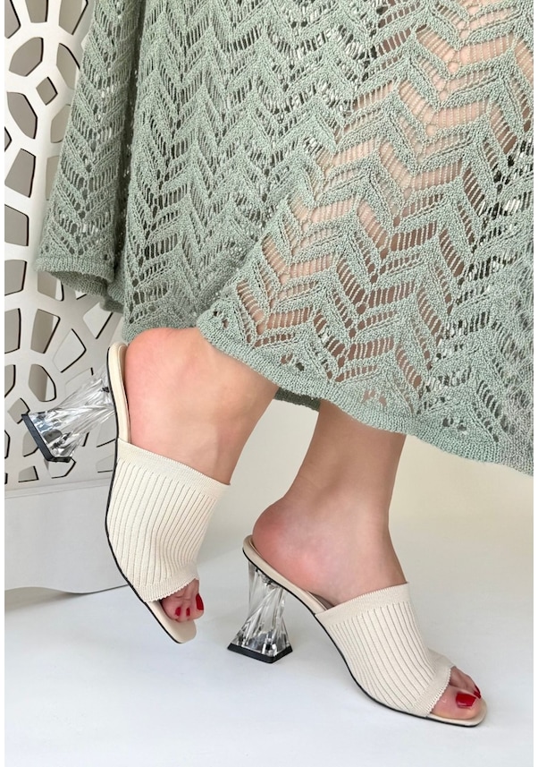 Resim Pabucmarketi Kadın Ten Bej Triko Topuklu Terlik Çok Renkli 