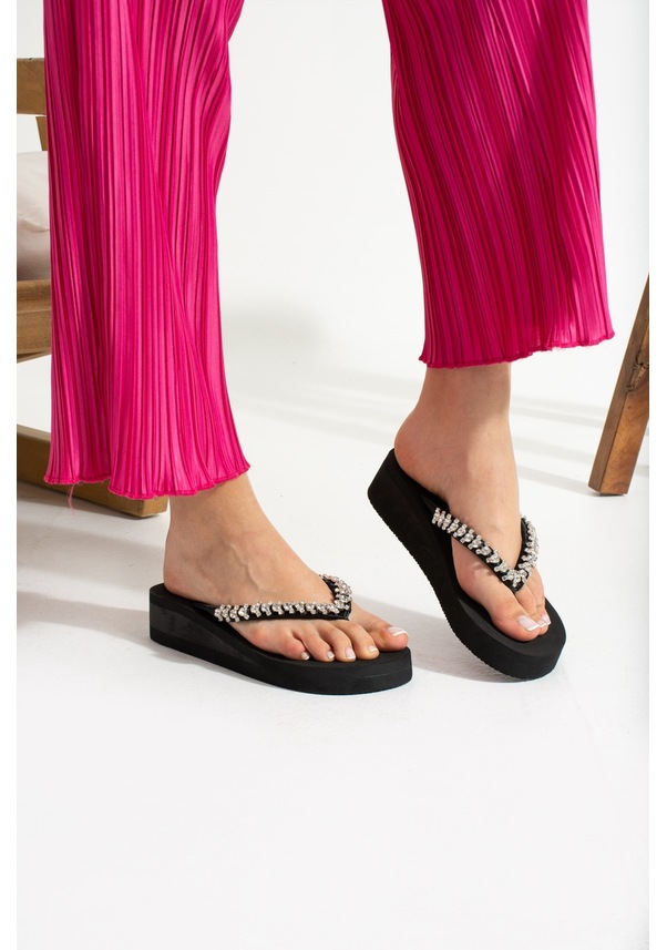 Resim Khayt April Platform Gümüş Taşlı Kadın Parmak Arası Terlik Siyah 