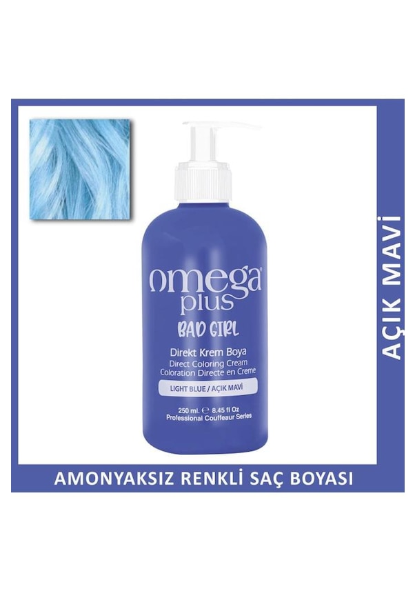 Omega Plus Bad Girl Açık Mavi Amonyaksız Renkli Saç Boyası 250 Ml