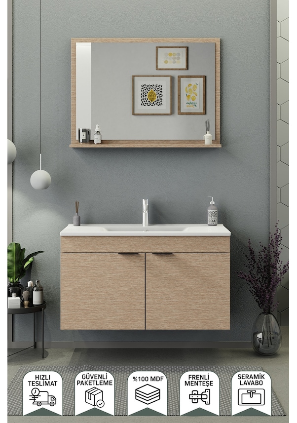 Resim Biani Fix Arya 100 Cm Seramik Lavabolu, Aynalı, Banyo Dolabı, Lavabo Dahil, Mdf,Aybe Bej 