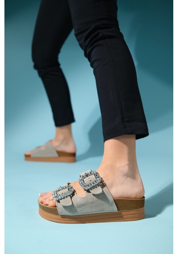 Resim Luvishoes Polacca Bej Süet Taşlı Çift Bantlı Hakiki Deri Kadın Kalın Tabanlı Terlik Bej 