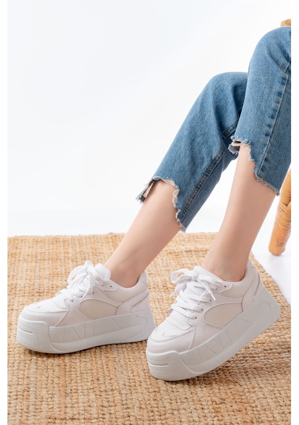 Resim Sp-190 Beyaz Garni Bağcıklı Fileli Yüksek Taban Günlük Spor A... Beyaz 