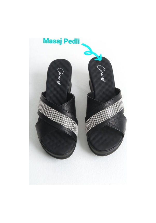 Resim Büyük Numara Bayan Taşlı Çapraz Bant Dolgu Taban Terlik Siyah 