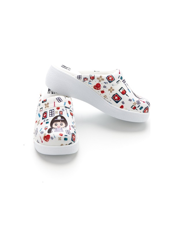 Resim Drmoon Hemşire Desenli Dolgu Taban Hakiki Deri Kadın Sabo Terlik Beyaz 