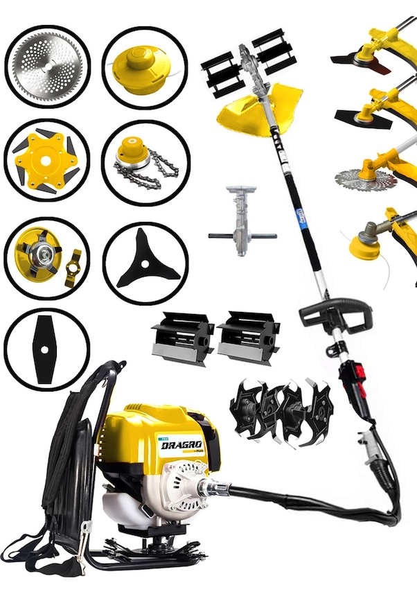 Resim Dragro DRG-2PR 4x4 Bahçe Seti Sarı 2 Zamanlı Sırt Tipi Benzinli Motorlu Tırpan Ot Çim Çayır Biçme Kesme Makinesi 