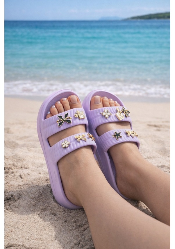 Resim Kadın Taşlı Şık, Rahat, Konforlu Eva Terlik Lila 