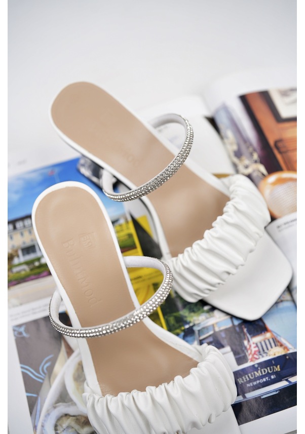 Resim Bulutmod Kadın Deri Taşlı Büzgülü Abiye Günlük Şeffaf Topuklu Terlik Beyaz 