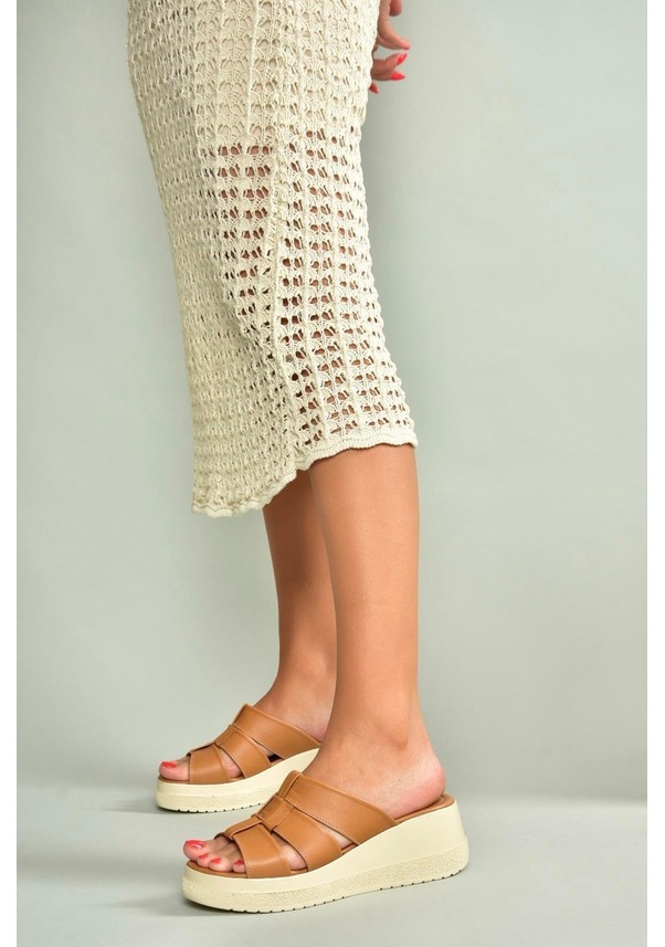 Resim Fox Shoes U555330903 Taba Hakiki Deri Kalın Tabanlı Kadın Terlik Taba-hakiki Deri 