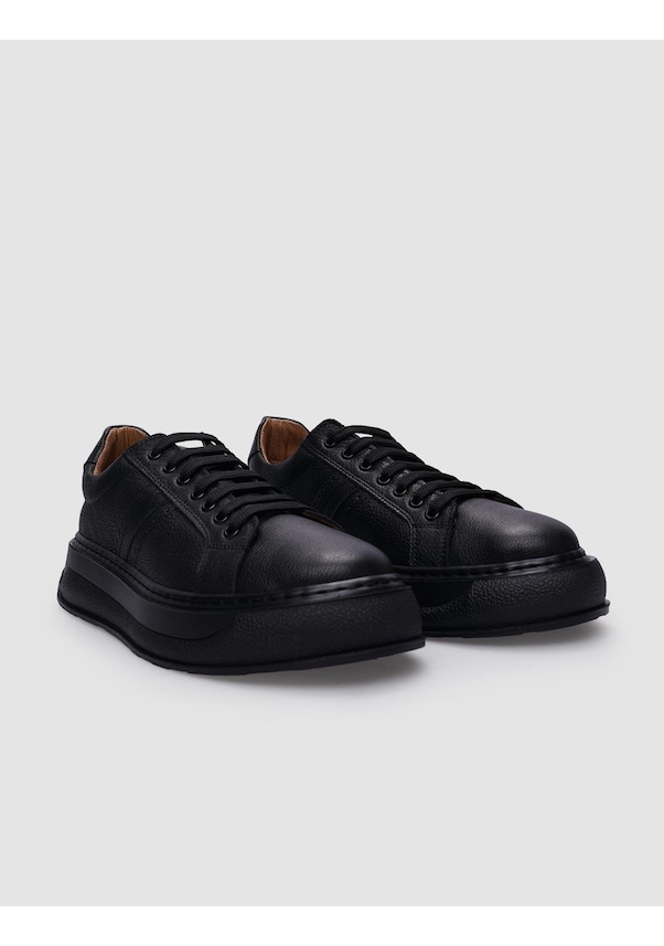 Resim Cabani %100 Hakiki Deri Siyah Bağcıklı Kadın Spor Ayakkabı Siyah 