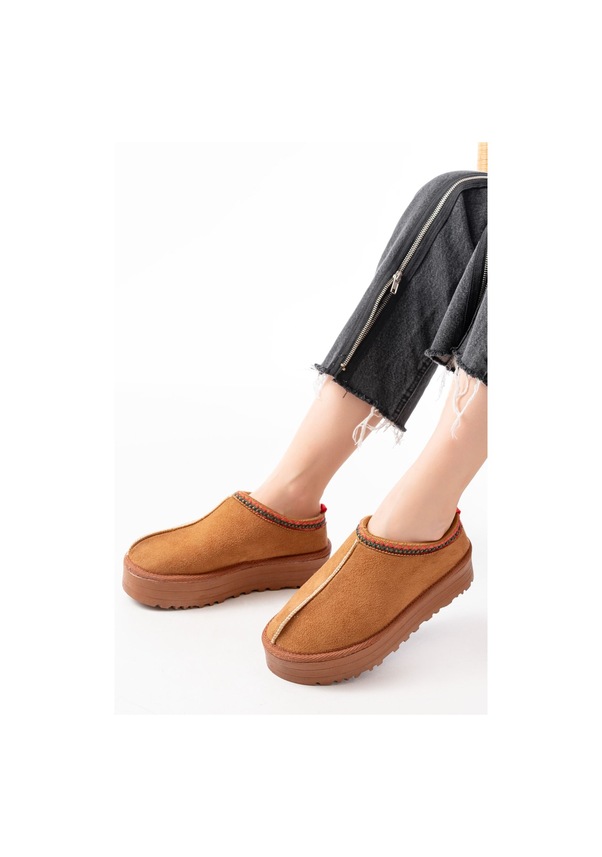 Resim Ndr-2888 Taba Süet İçi Kürklü Kışlık Kapalı Burun Kadın Günlük Terlik Beyaz 